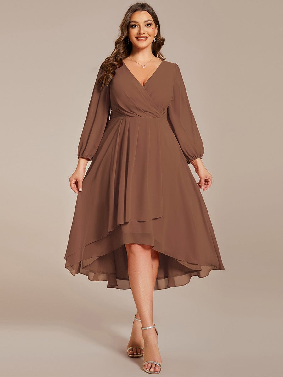 Elegant Long Sleeve V-Neck High Low Chiffon Wedding Guest Dress #color_Brown