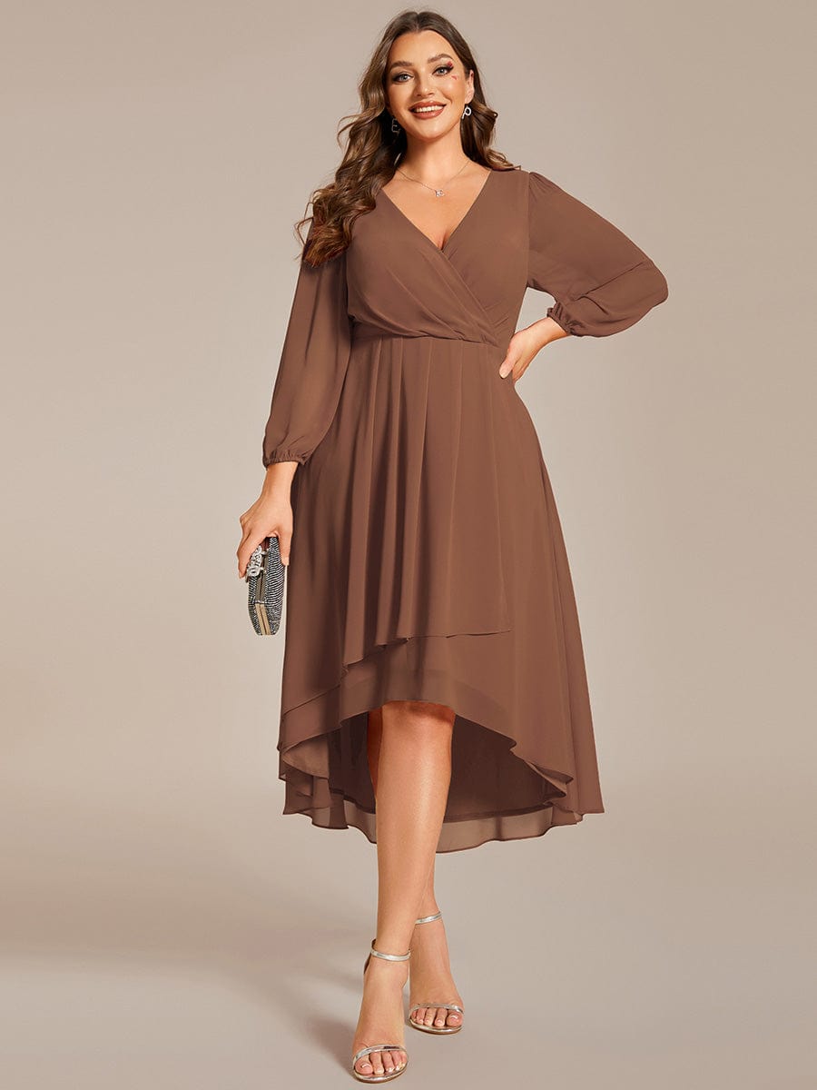 Elegant Long Sleeve V-Neck High Low Chiffon Wedding Guest Dress #color_Brown