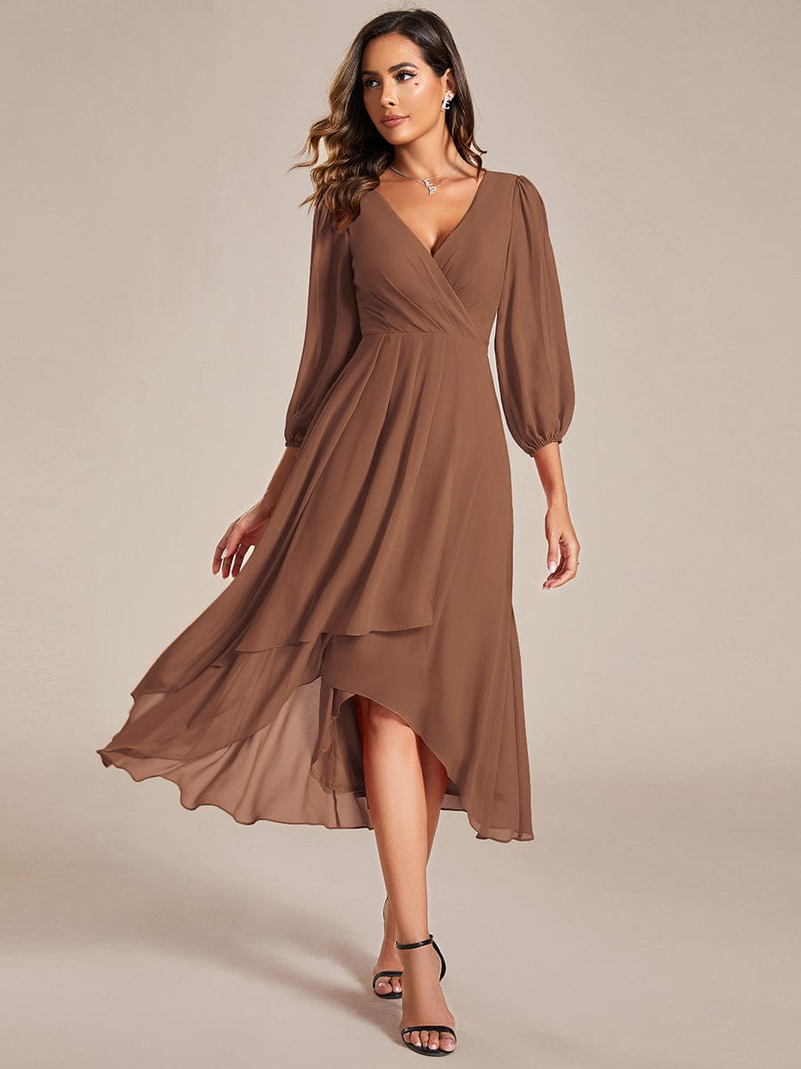 Custom Size Elegant Long Sleeve V-Neck High Low Chiffon Wedding Guest Dress #color_Brown