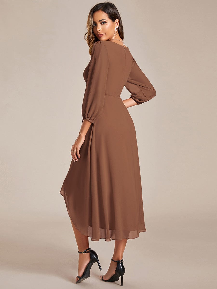 Custom Size Elegant Long Sleeve V-Neck High Low Chiffon Wedding Guest Dress #color_Brown