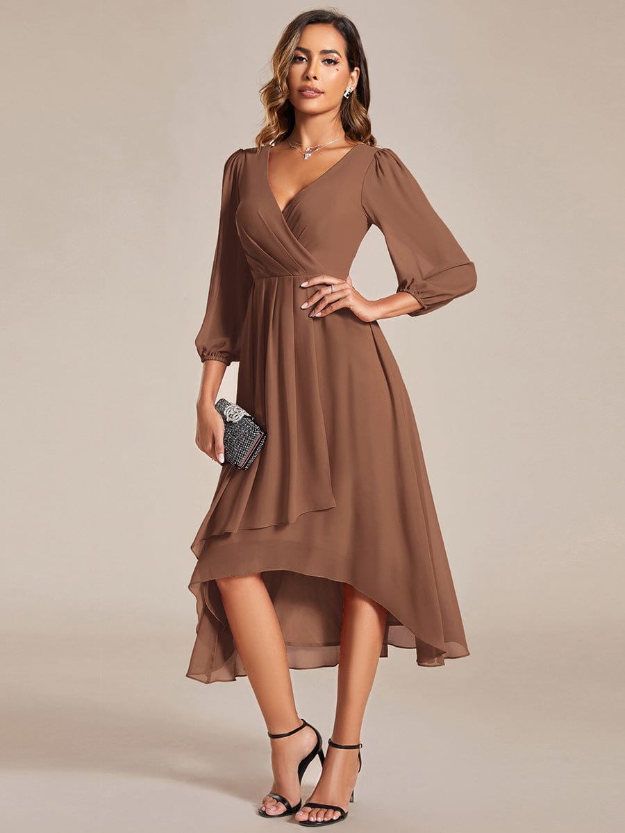 Custom Size Elegant Long Sleeve V-Neck High Low Chiffon Wedding Guest Dress #color_Brown