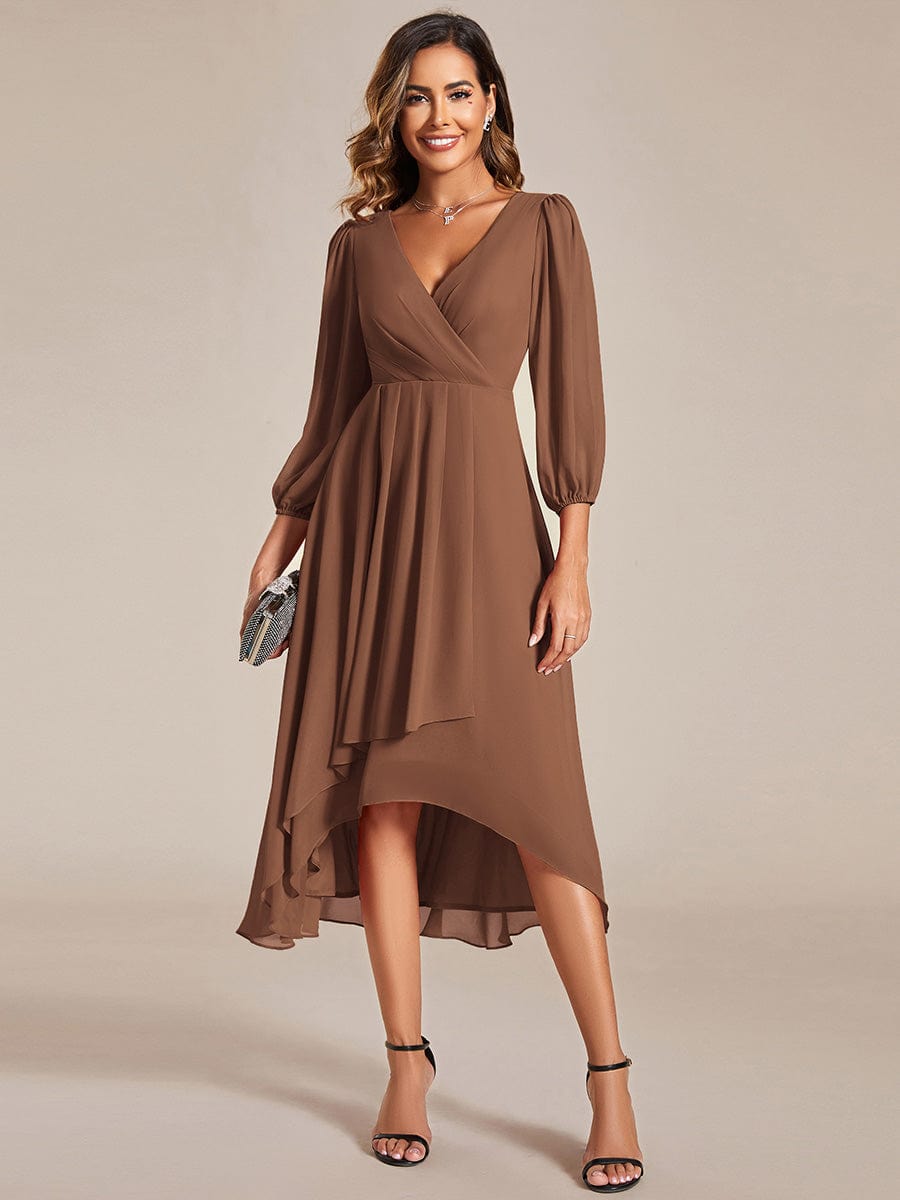 Custom Size Elegant Long Sleeve V-Neck High Low Chiffon Wedding Guest Dress #color_Brown