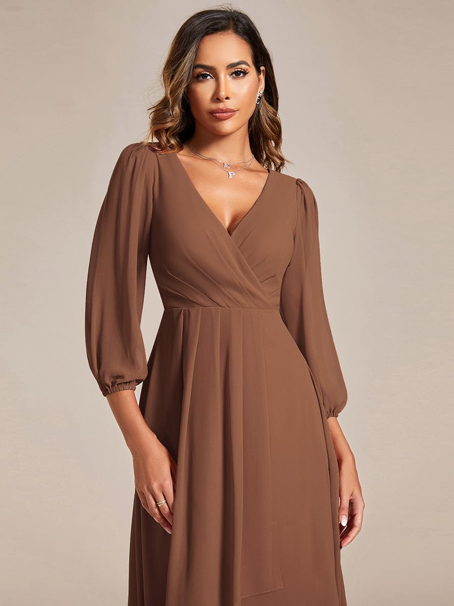 Custom Size Elegant Long Sleeve V-Neck High Low Chiffon Wedding Guest Dress #color_Brown