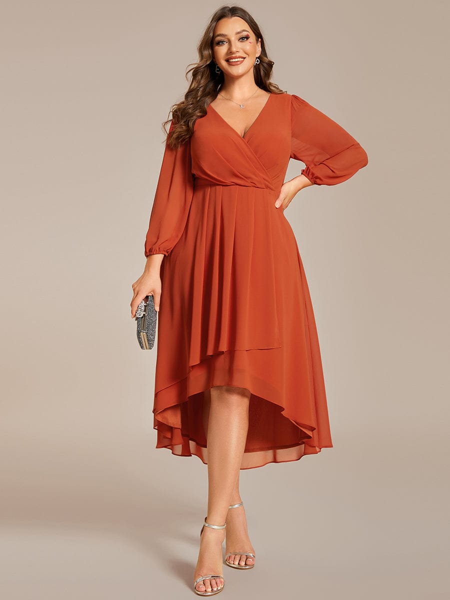 Plus Size Long Sleeve V-Neck Chiffon High Low Wedding Guest Dress #color_Burnt Orange