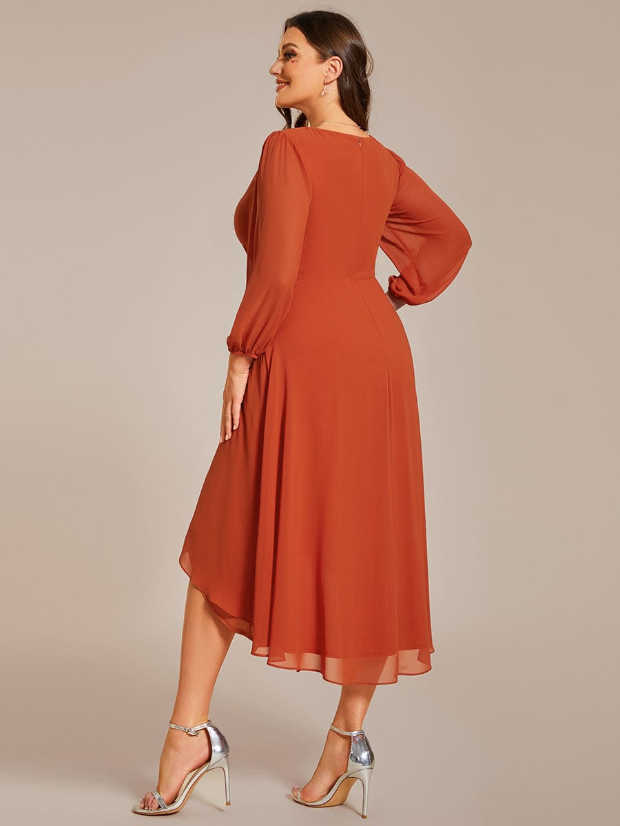 Plus Size Long Sleeve V-Neck Chiffon High Low Wedding Guest Dress #color_Burnt Orange