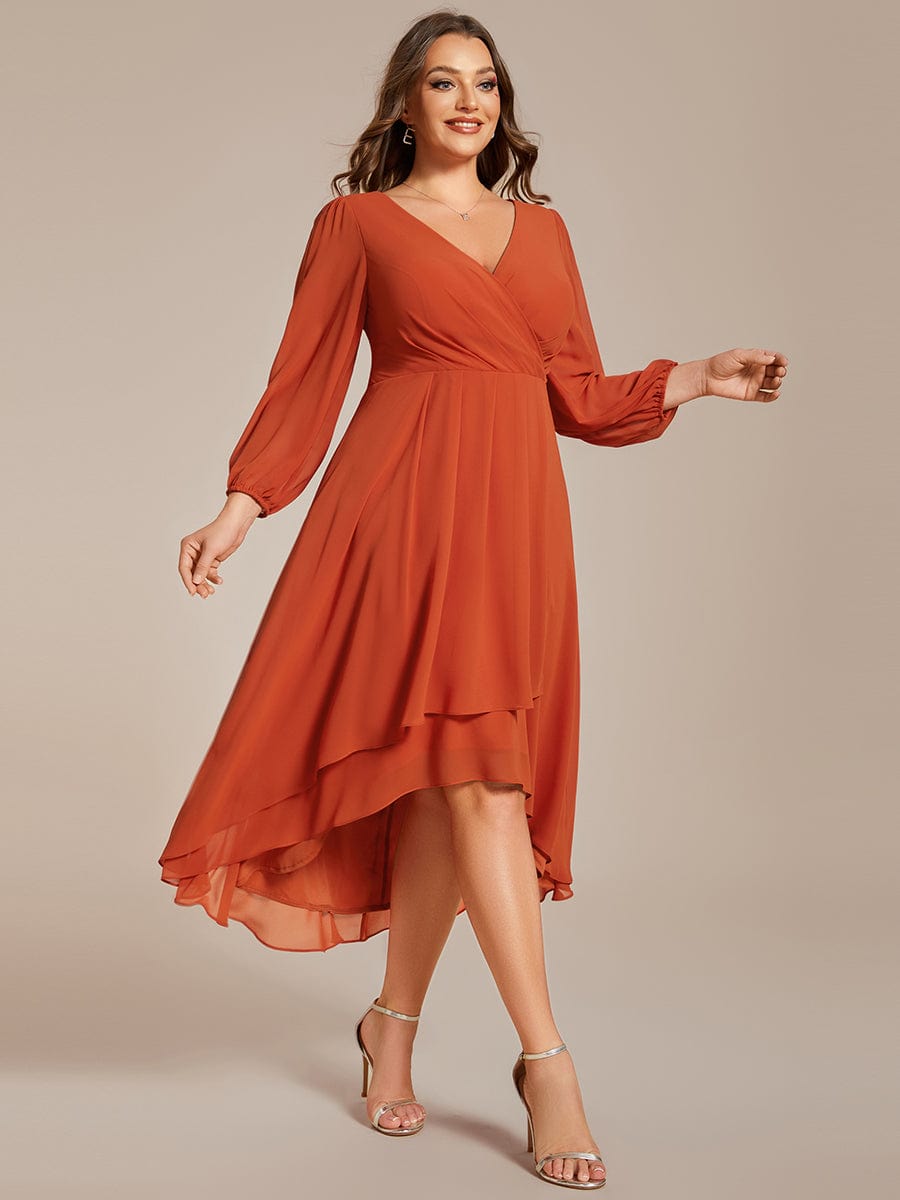 Plus Size Long Sleeve V-Neck Chiffon High Low Wedding Guest Dress #color_Burnt Orange