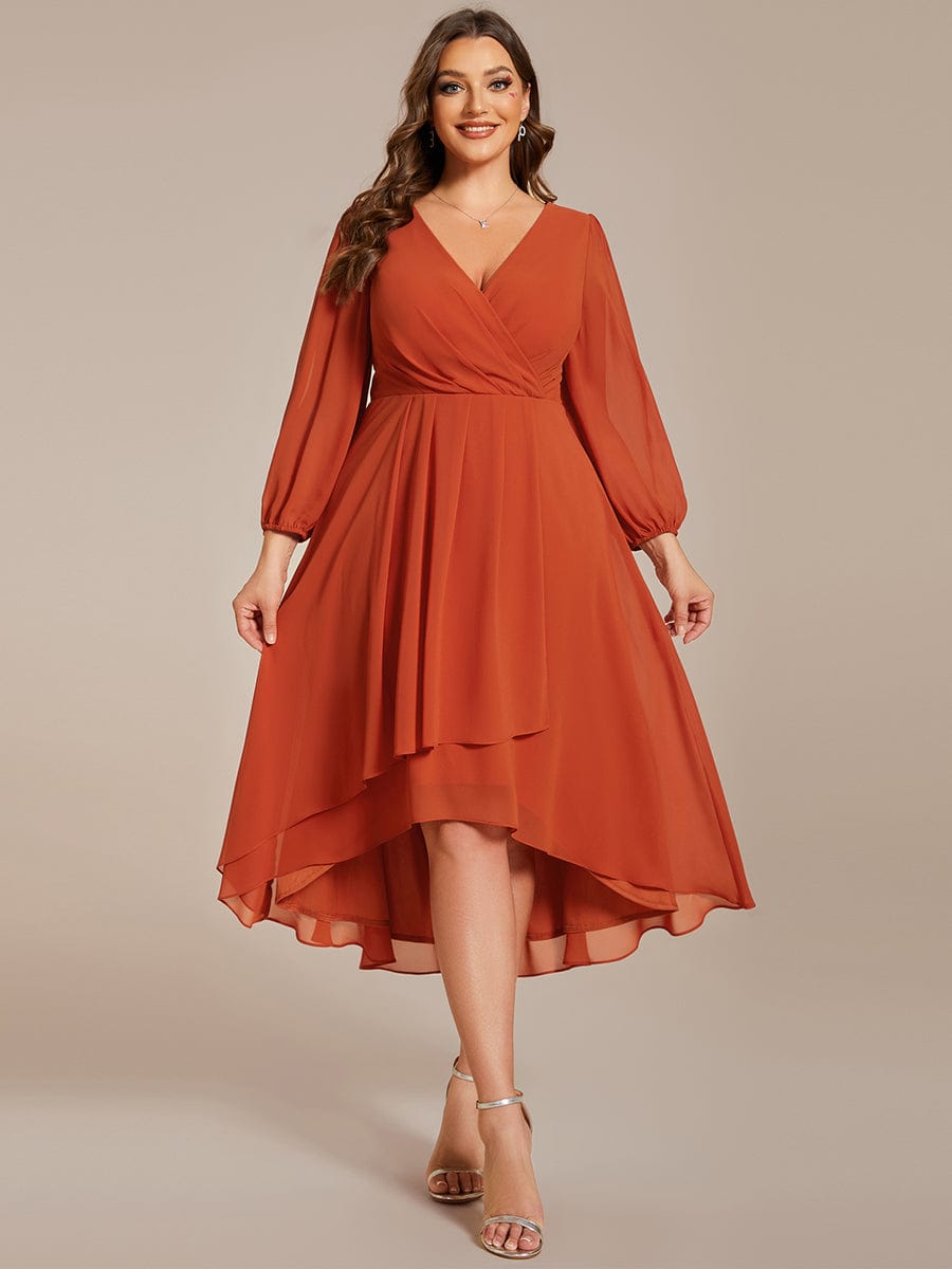 Plus Size Long Sleeve V-Neck Chiffon High Low Wedding Guest Dress #color_Burnt Orange