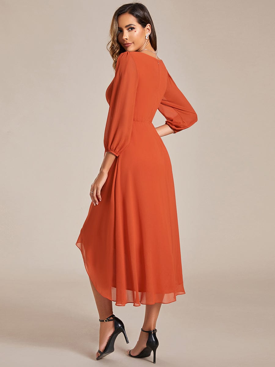 Custom Size Elegant Long Sleeve V-Neck High Low Chiffon Wedding Guest Dress #color_Burnt Orange