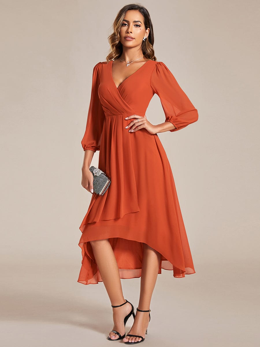 Elegant Long Sleeve V-Neck High Low Chiffon Wedding Guest Dress #color_Burnt Orange