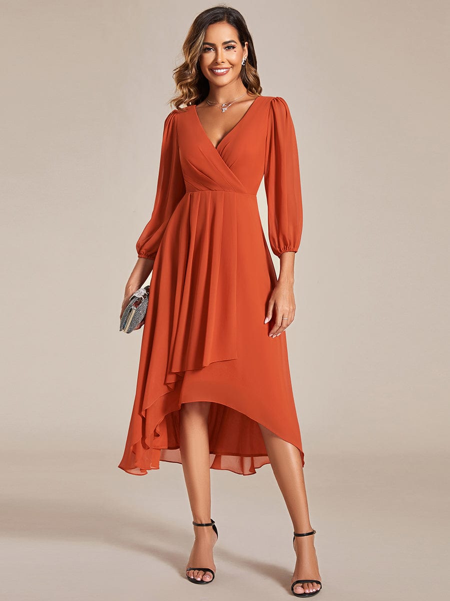 Elegant Long Sleeve V-Neck High Low Chiffon Wedding Guest Dress #color_Burnt Orange