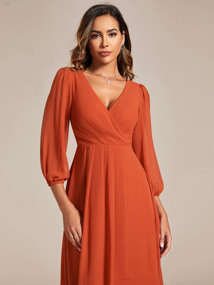 Custom Size Elegant Long Sleeve V-Neck High Low Chiffon Wedding Guest Dress #color_Burnt Orange