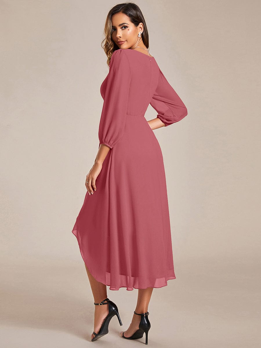 Chiffon Long Sleeve V-Neck High Low Wedding Guest Dress #color_Cameo Brown