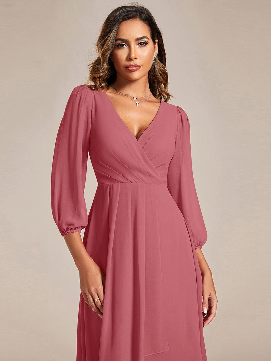 Chiffon Long Sleeve V-Neck High Low Wedding Guest Dress #color_Cameo Brown