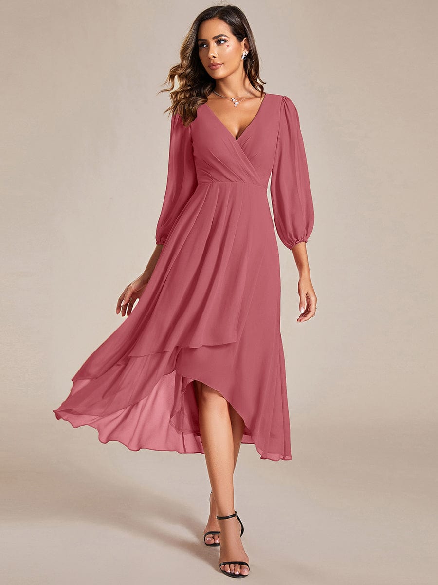 Chiffon Long Sleeve V-Neck High Low Wedding Guest Dress #color_Cameo Brown