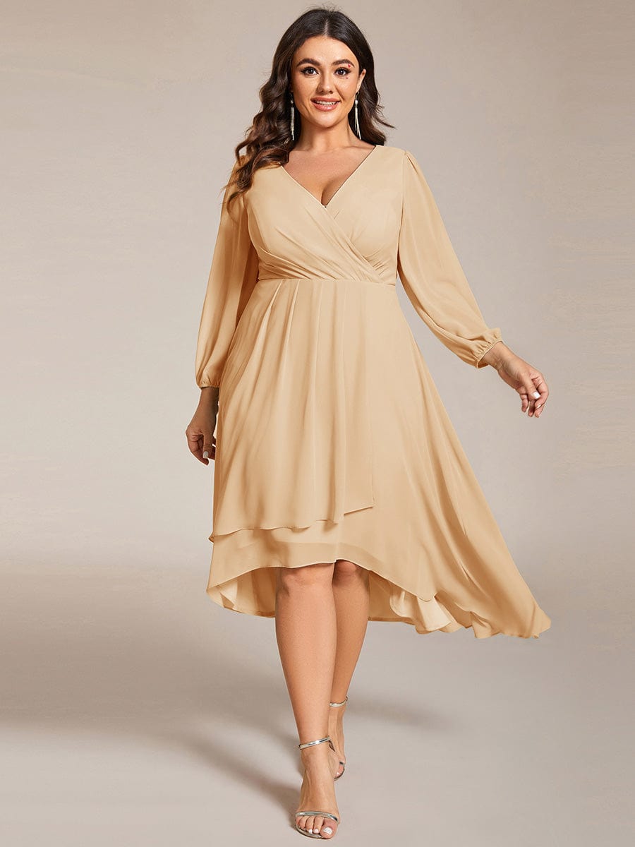 Elegant Long Sleeve V-Neck High Low Chiffon Wedding Guest Dress #color_Champagne