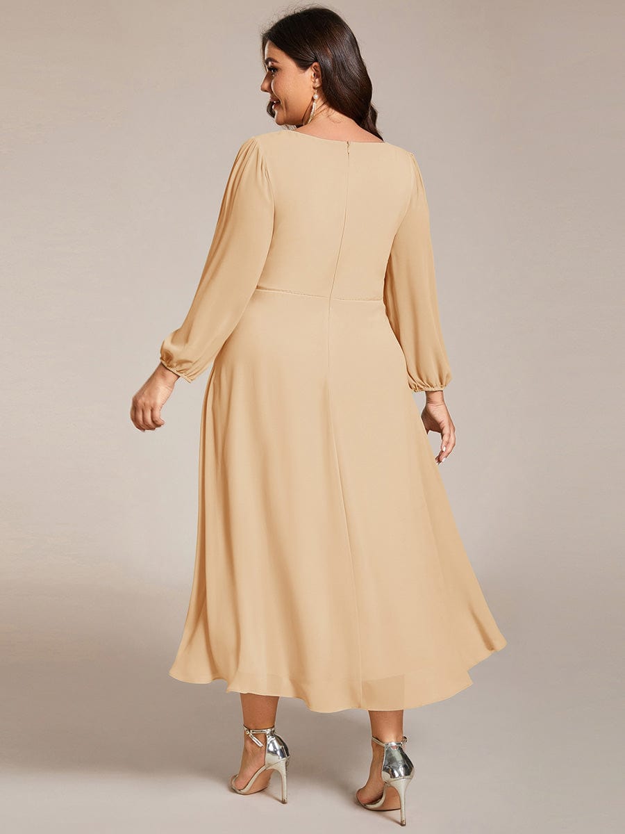 Chiffon Long Sleeve V-Neck High Low Wedding Guest Dress #color_Champagne