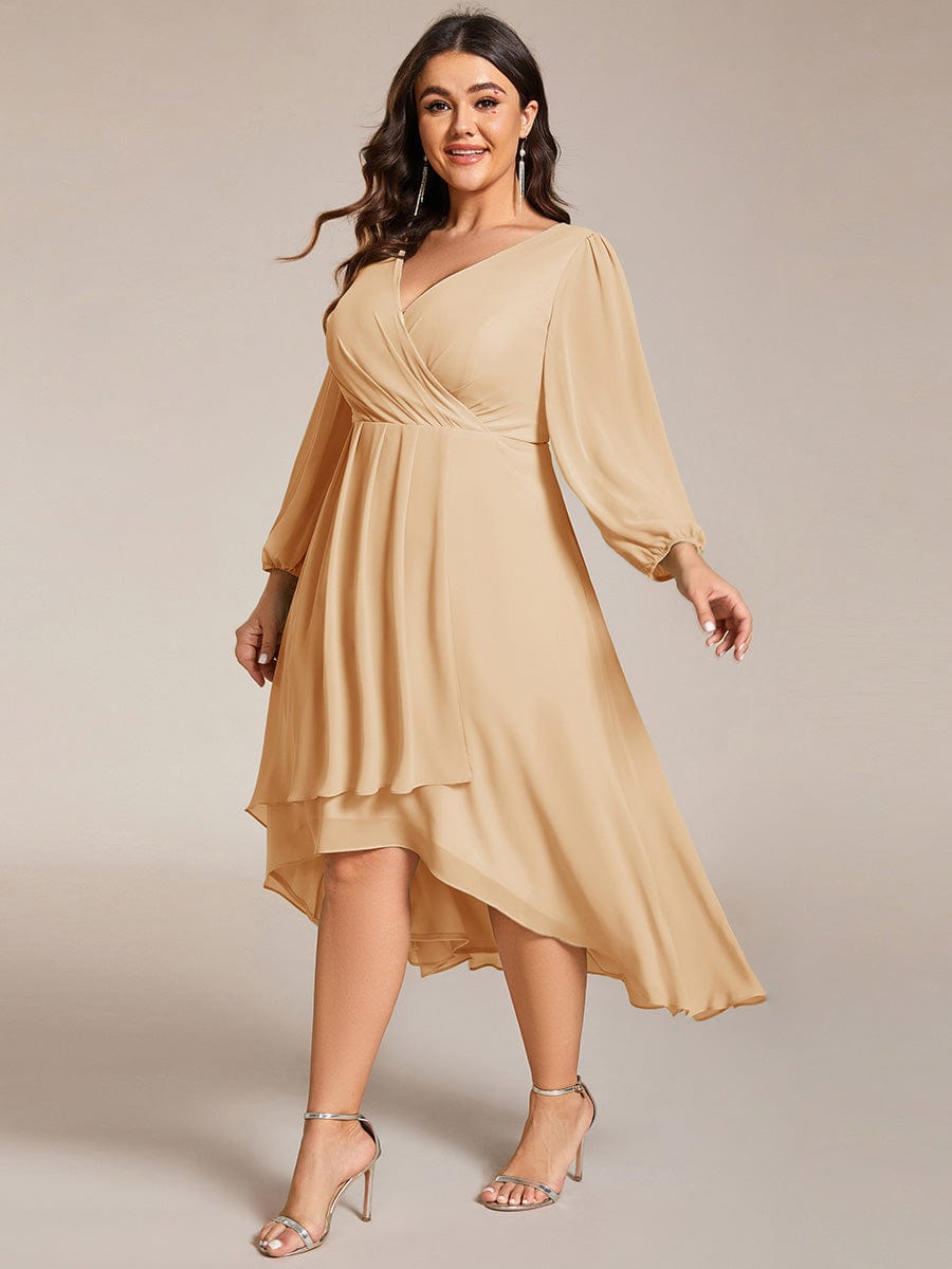 Chiffon Long Sleeve V-Neck High Low Wedding Guest Dress #color_Champagne