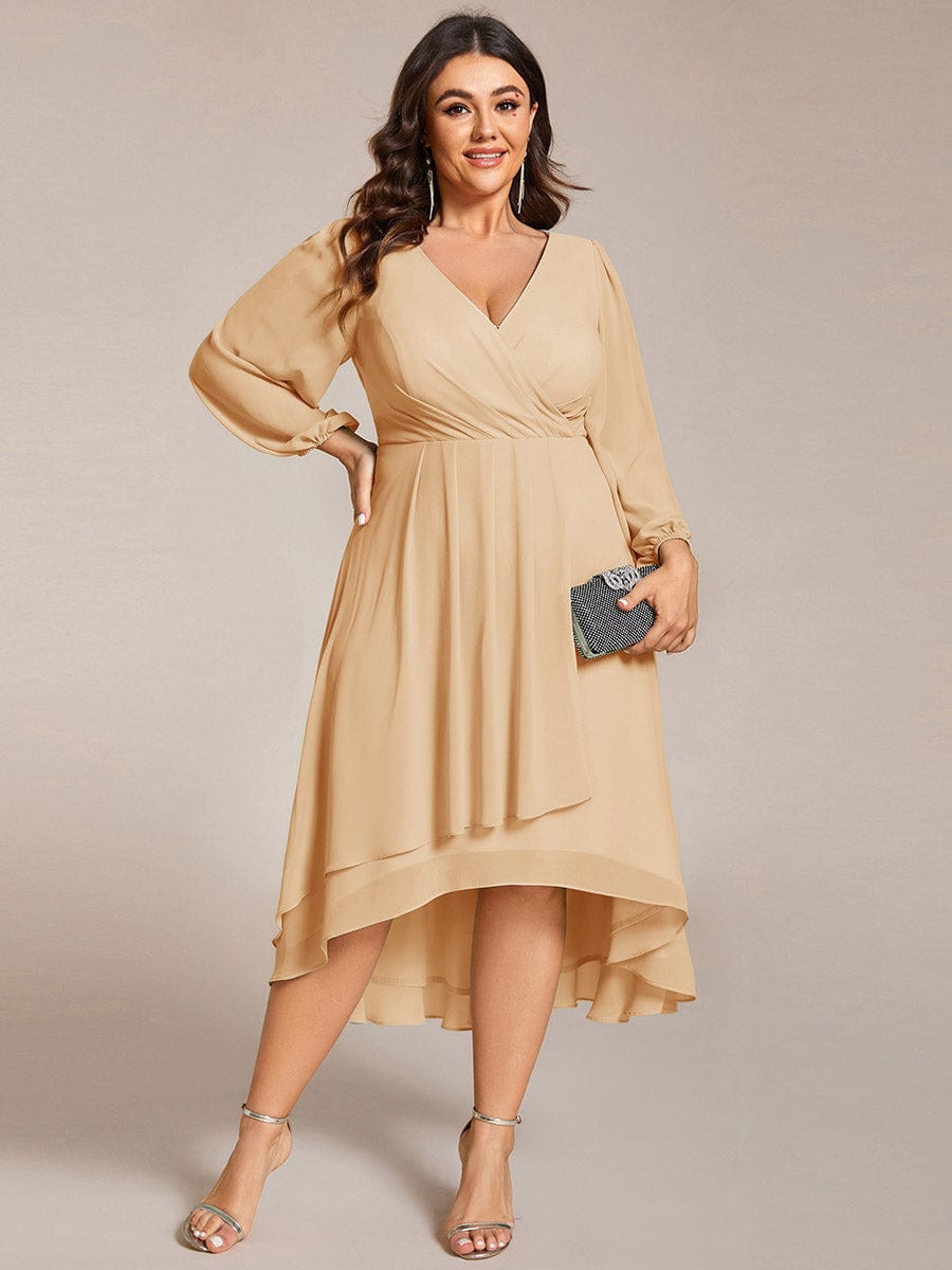 Elegant Long Sleeve V-Neck High Low Chiffon Wedding Guest Dress #color_Champagne