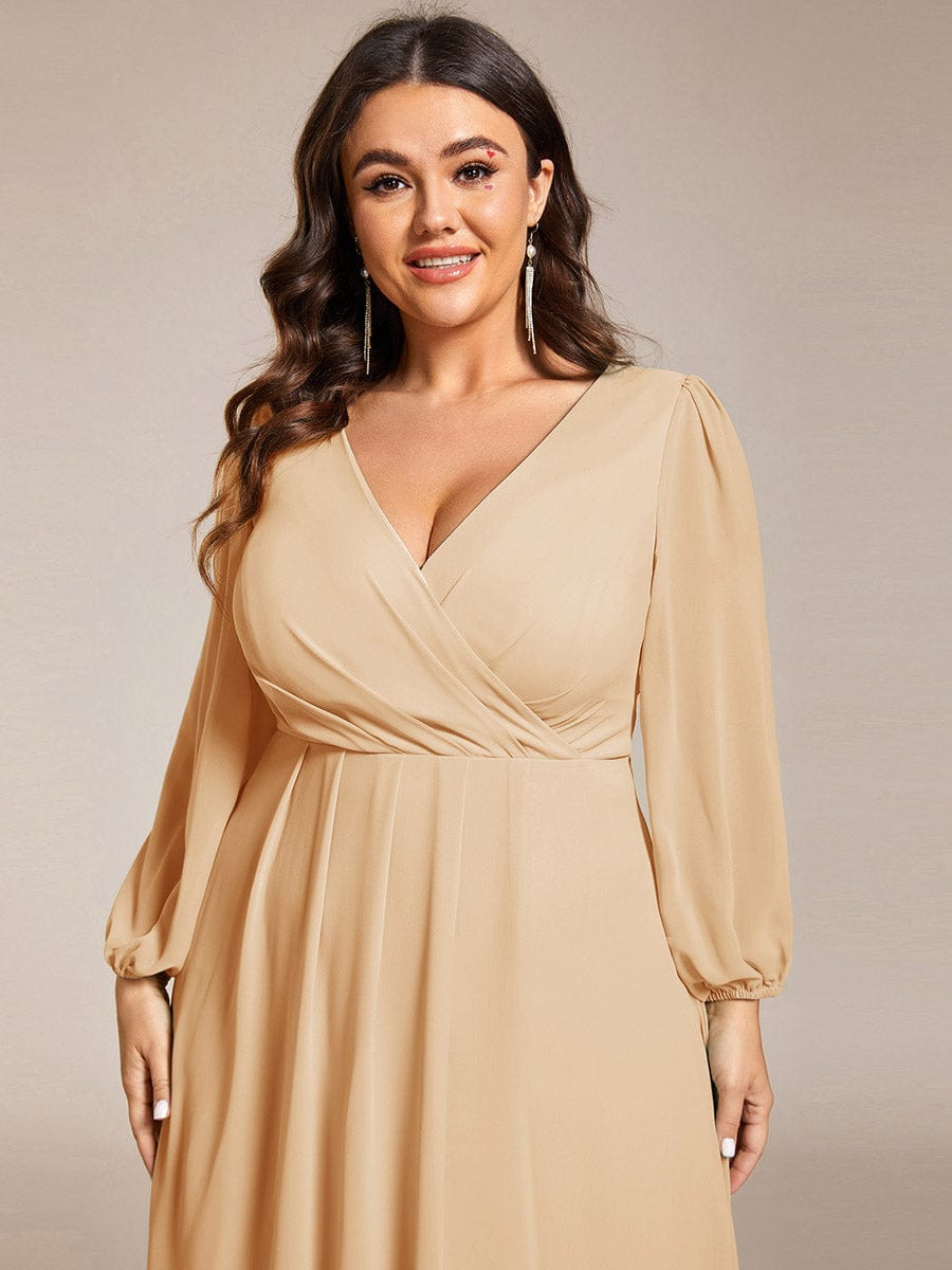 Chiffon Long Sleeve V-Neck High Low Wedding Guest Dress #color_Champagne