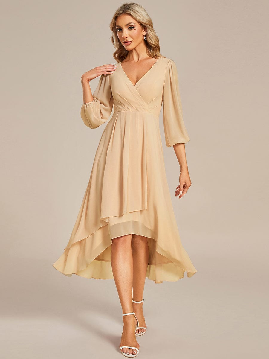 Chiffon Long Sleeve V-Neck High Low Wedding Guest Dress #color_Champagne