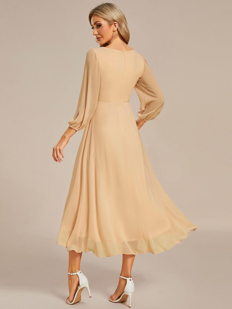 Elegant Long Sleeve V-Neck High Low Chiffon Wedding Guest Dress #color_Champagne