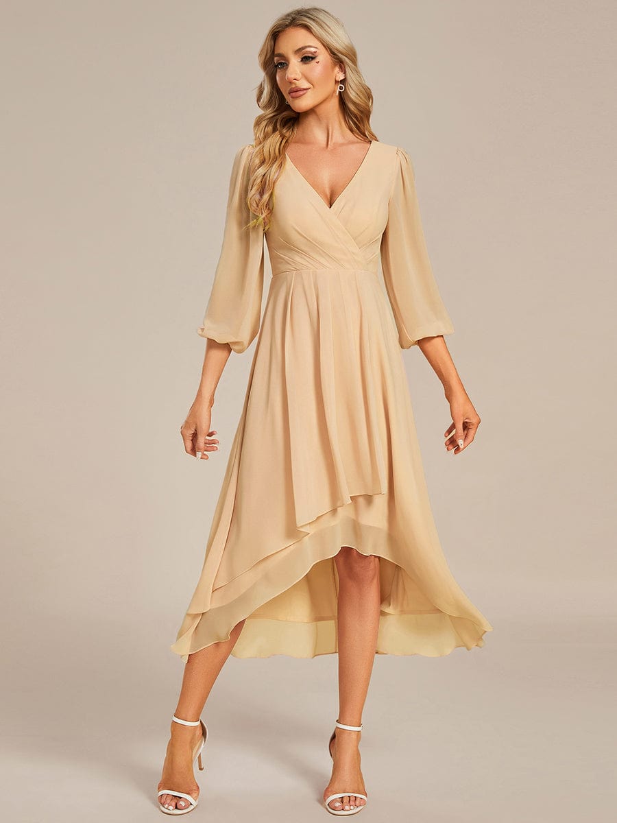 Chiffon Long Sleeve V-Neck High Low Wedding Guest Dress #color_Champagne