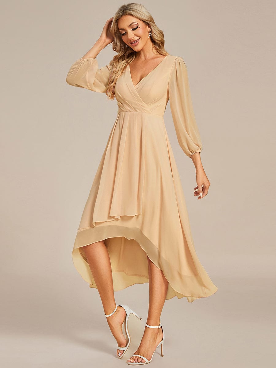 Elegant Long Sleeve V-Neck High Low Chiffon Wedding Guest Dress #color_Champagne