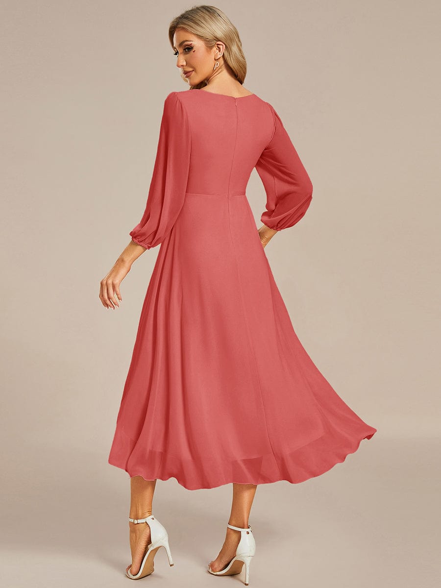 Chiffon Long Sleeve V-Neck High Low Wedding Guest Dress #color_Coral