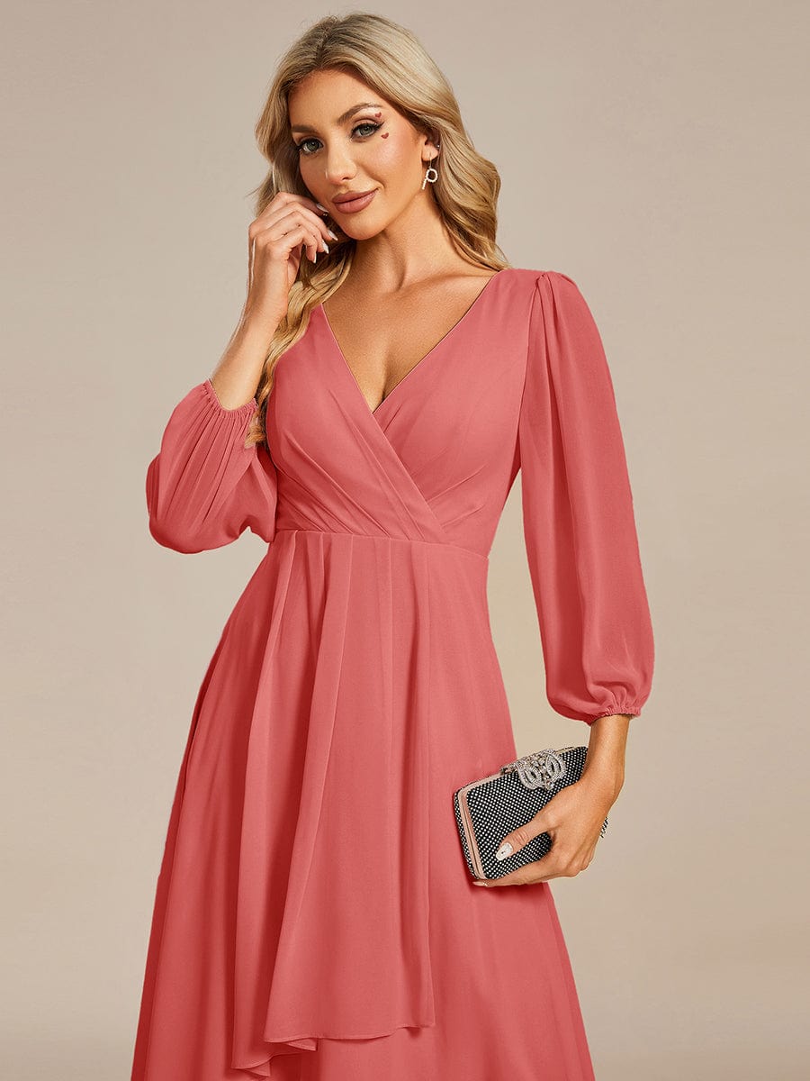 Chiffon Long Sleeve V-Neck High Low Wedding Guest Dress #color_Coral