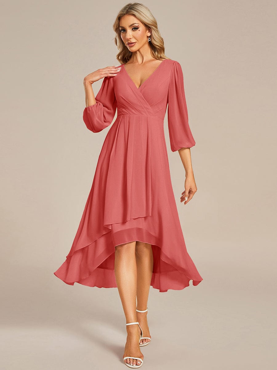 Chiffon Long Sleeve V-Neck High Low Wedding Guest Dress #color_Coral