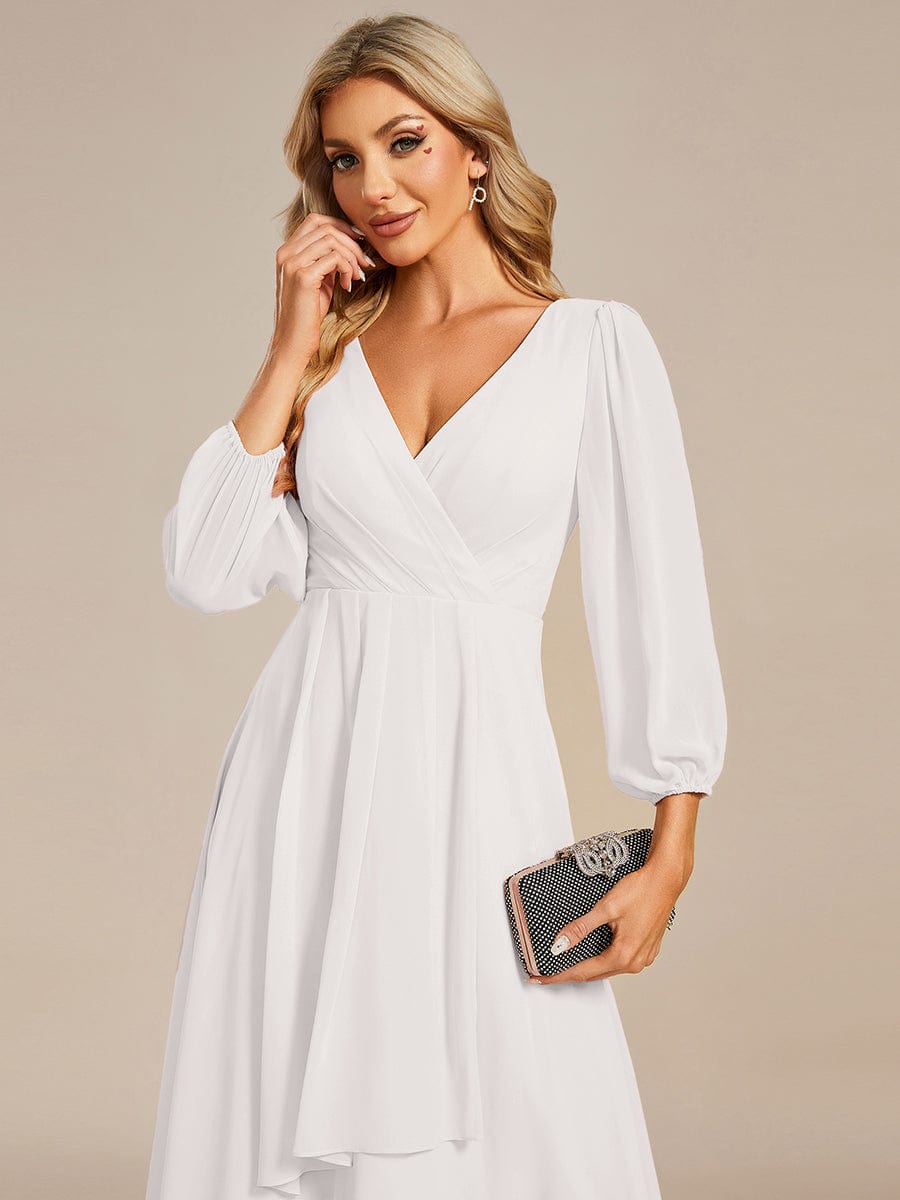 Chiffon Long Sleeve V-Neck High Low Wedding Guest Dress #color_Cream