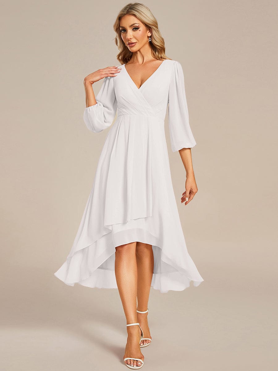 Chiffon Long Sleeve V-Neck High Low Wedding Guest Dress #color_Cream