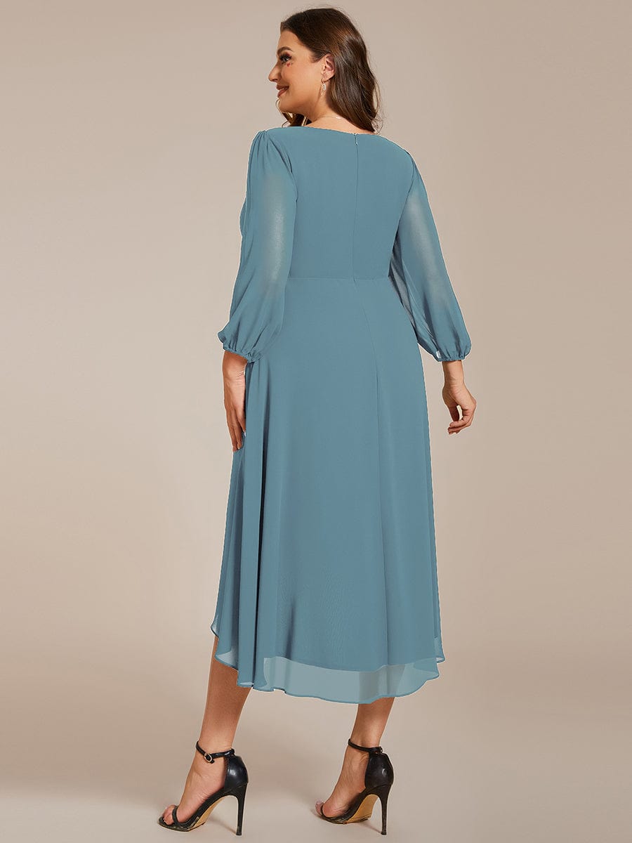 Plus Size Long Sleeve V-Neck Chiffon High Low Wedding Guest Dress #color_Dusty Blue