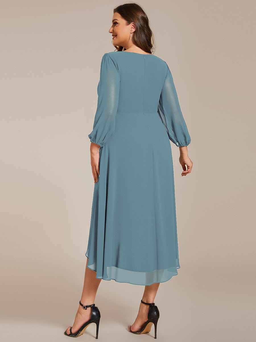 Custom Size Elegant Long Sleeve V-Neck High Low Chiffon Wedding Guest Dress #color_Dusty Blue