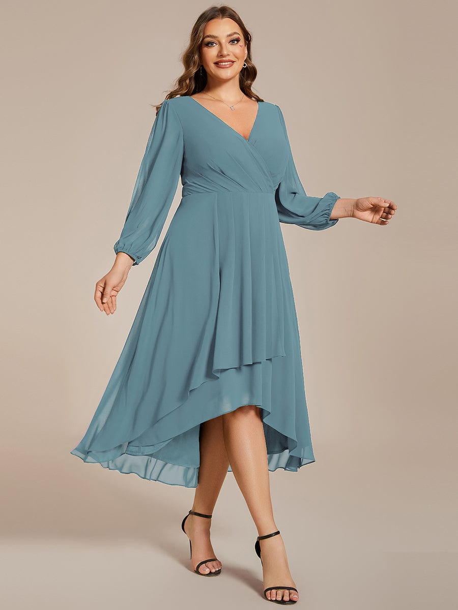 Plus Size Long Sleeve V-Neck Chiffon High Low Wedding Guest Dress #color_Light Teal