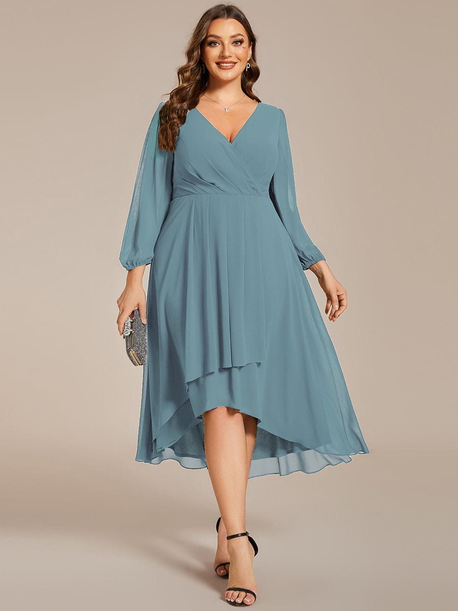 Plus Size Long Sleeve V-Neck Chiffon High Low Wedding Guest Dress #color_Dusty Blue