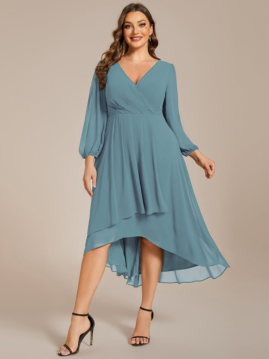 Plus Size Long Sleeve V-Neck Chiffon High Low Wedding Guest Dress #color_Dusty Blue