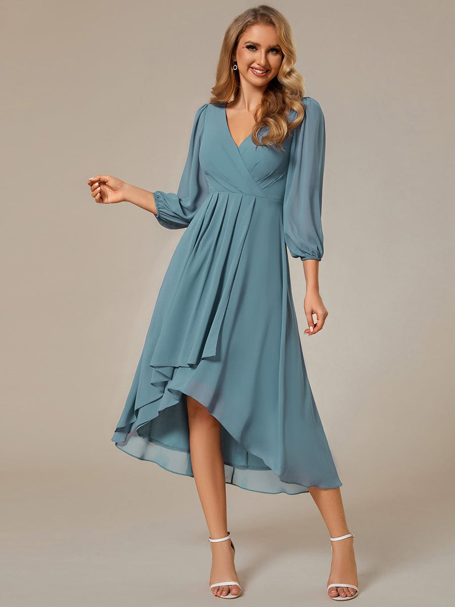 Elegant Long Sleeve V-Neck High Low Chiffon Wedding Guest Dress #color_Dusty Blue