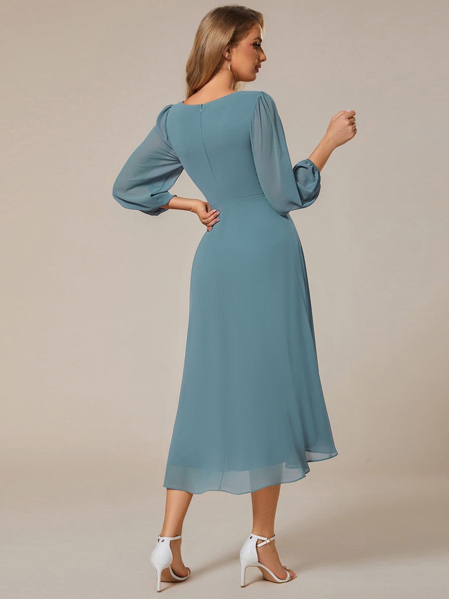 Custom Size Elegant Long Sleeve V-Neck High Low Chiffon Wedding Guest Dress #color_Light Teal