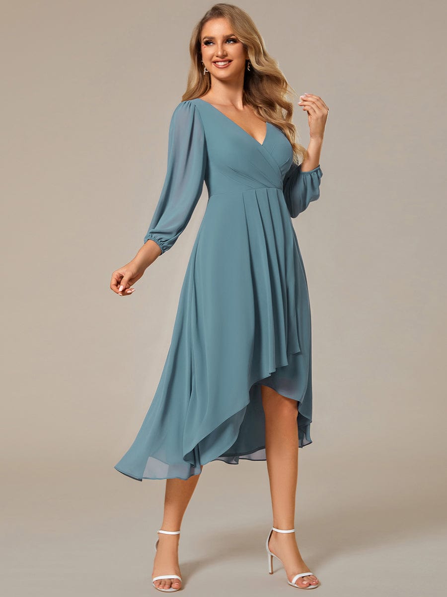 Elegant Long Sleeve V-Neck High Low Chiffon Wedding Guest Dress #color_Dusty Blue