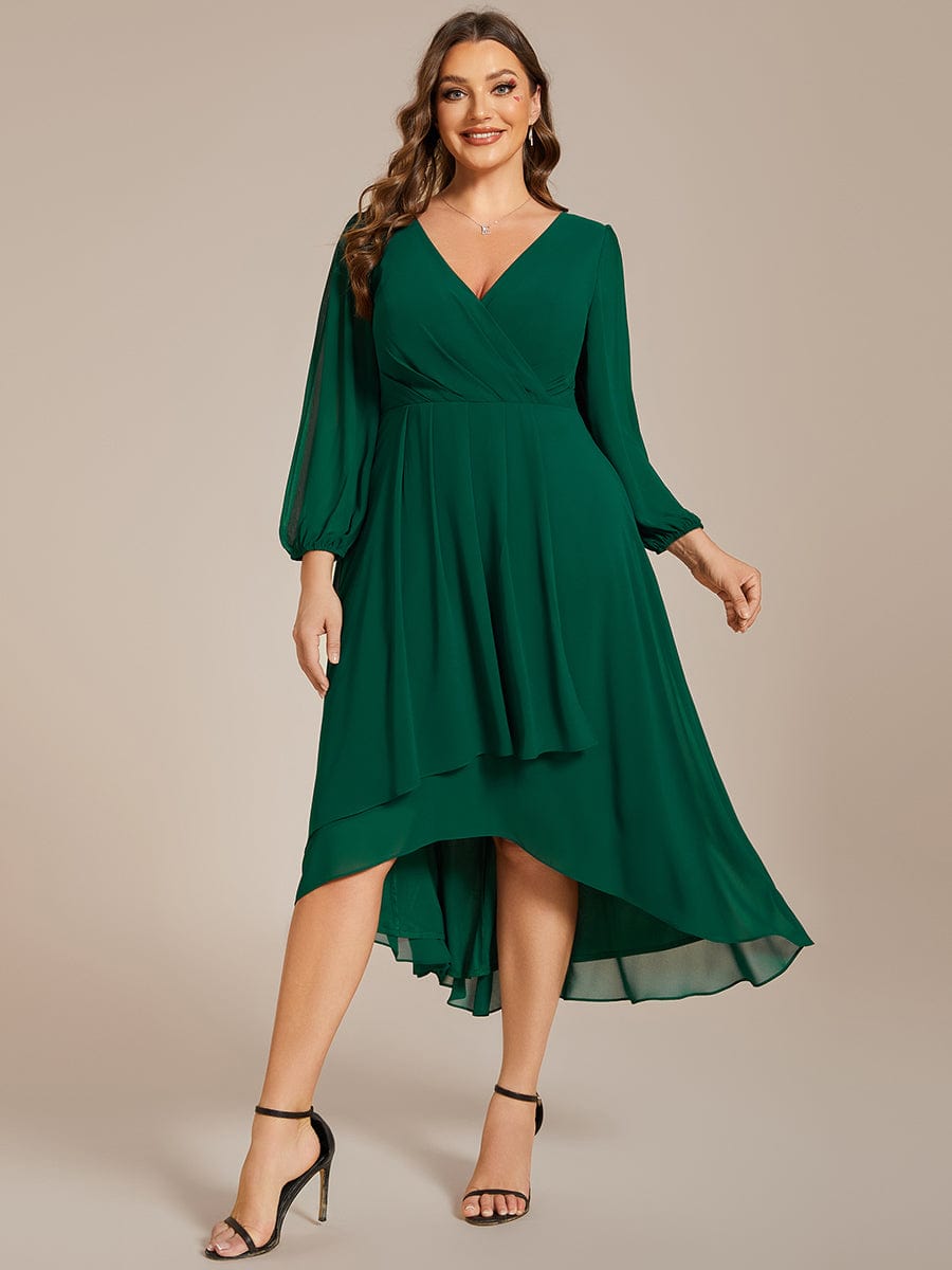 Plus Size Long Sleeve V-Neck Chiffon High Low Wedding Guest Dress #color_Dark Green