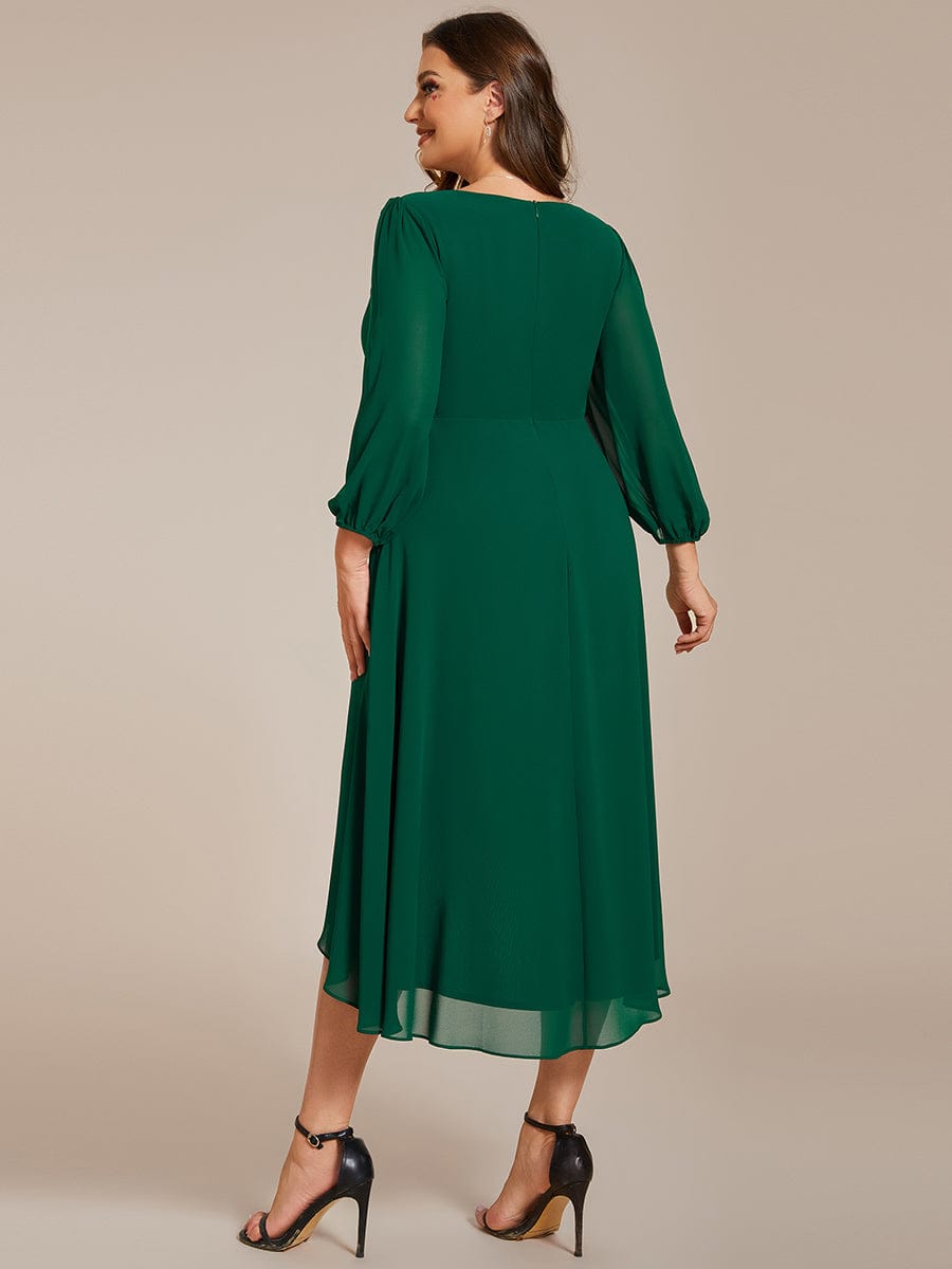 Plus Size Long Sleeve V-Neck Chiffon High Low Wedding Guest Dress #color_Dark Green