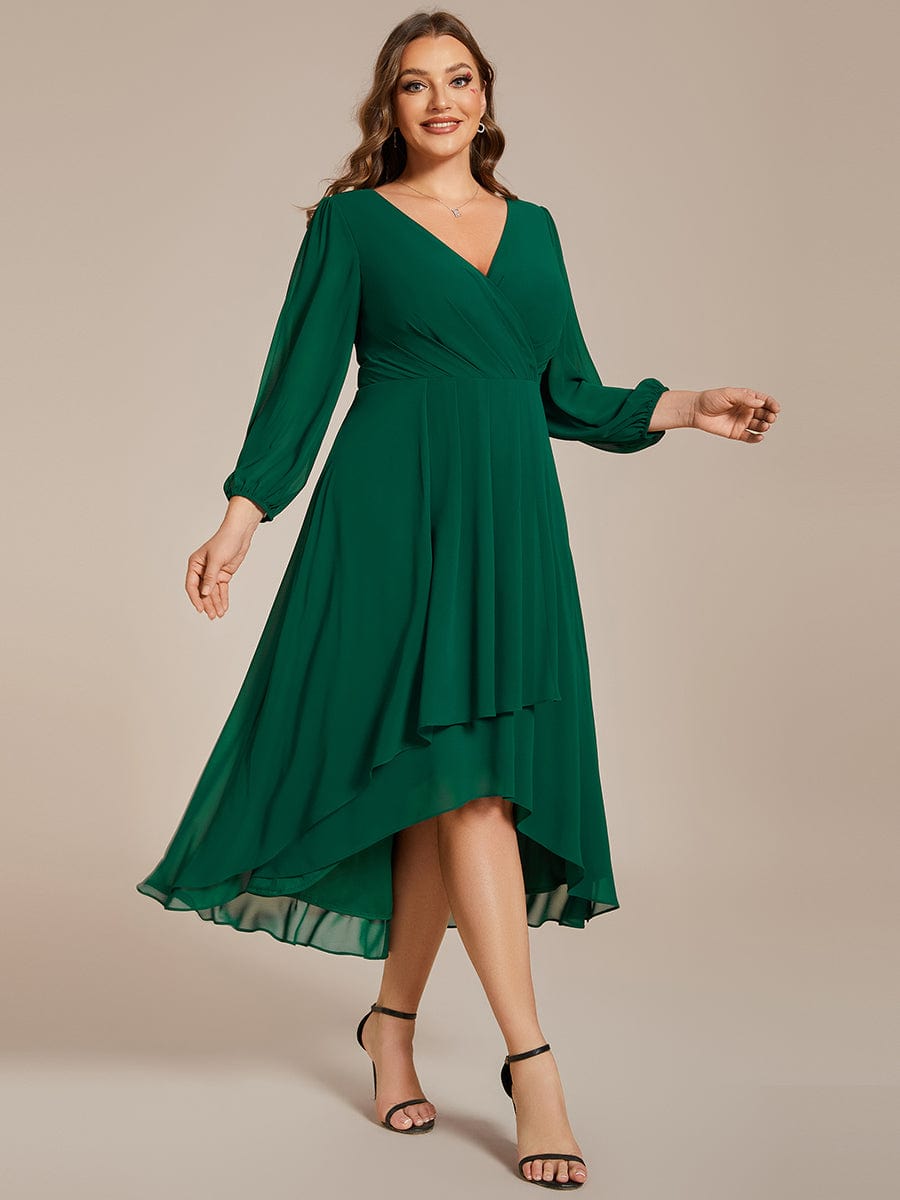 Plus Size Long Sleeve V-Neck Chiffon High Low Wedding Guest Dress #color_Dark Green