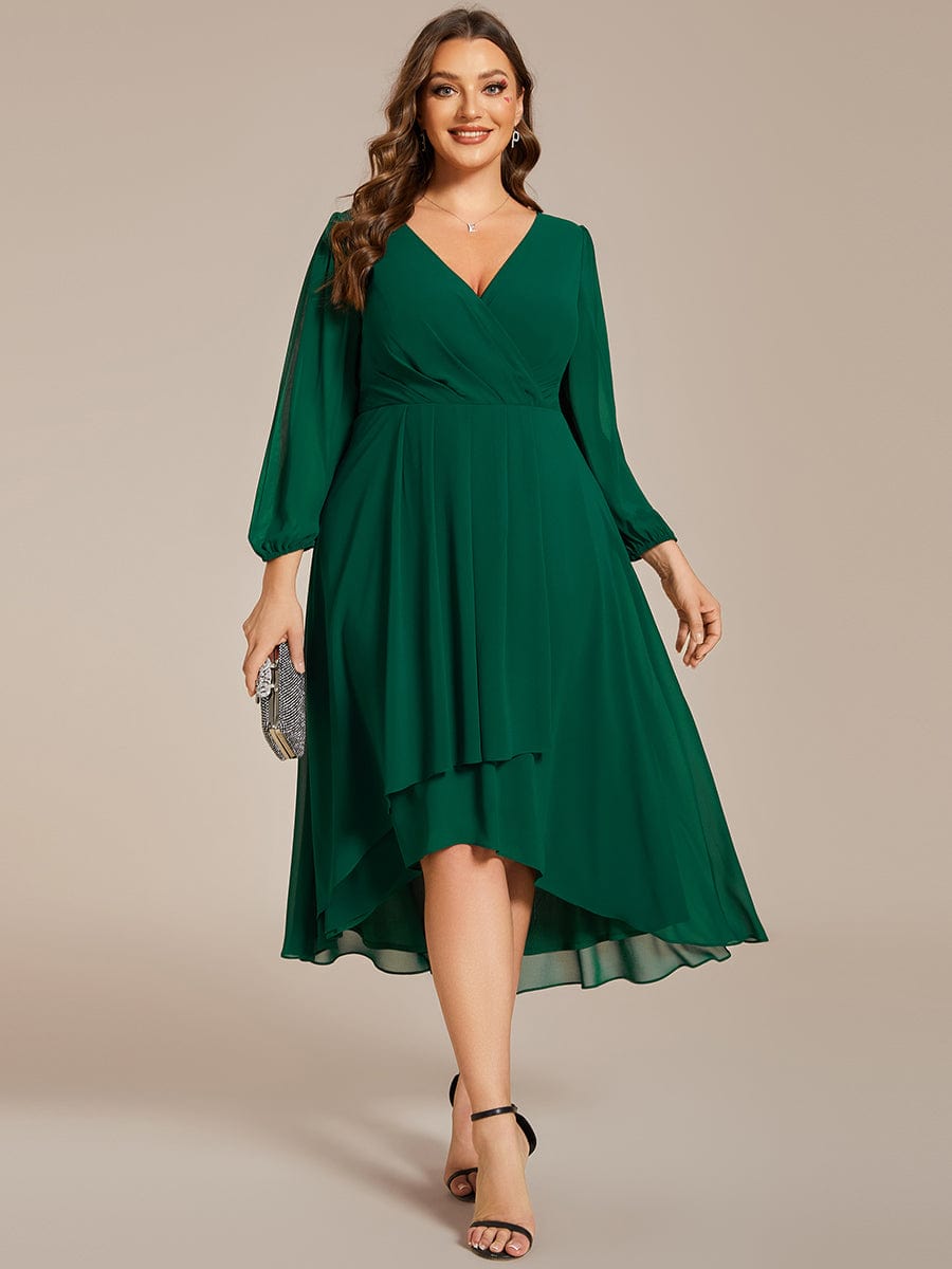 Elegant Long Sleeve V-Neck High Low Chiffon Wedding Guest Dress #color_Dark Green