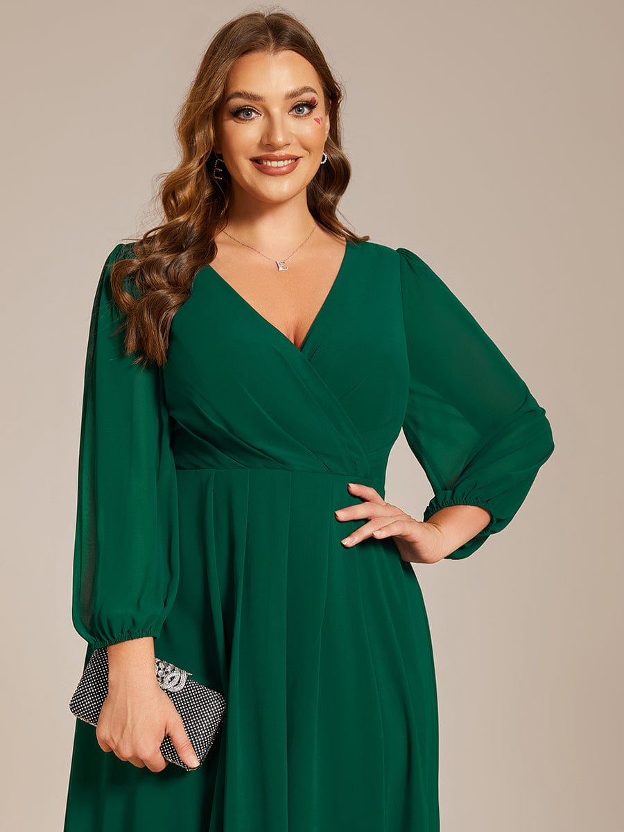 Plus Size Long Sleeve V-Neck Chiffon High Low Wedding Guest Dress #color_Dark Green