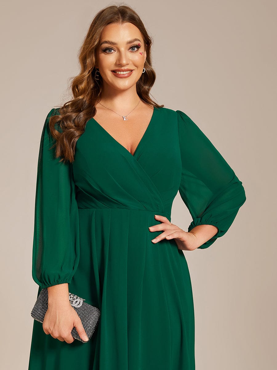 Custom Size Elegant Long Sleeve V-Neck High Low Chiffon Wedding Guest Dress #color_Dark Green