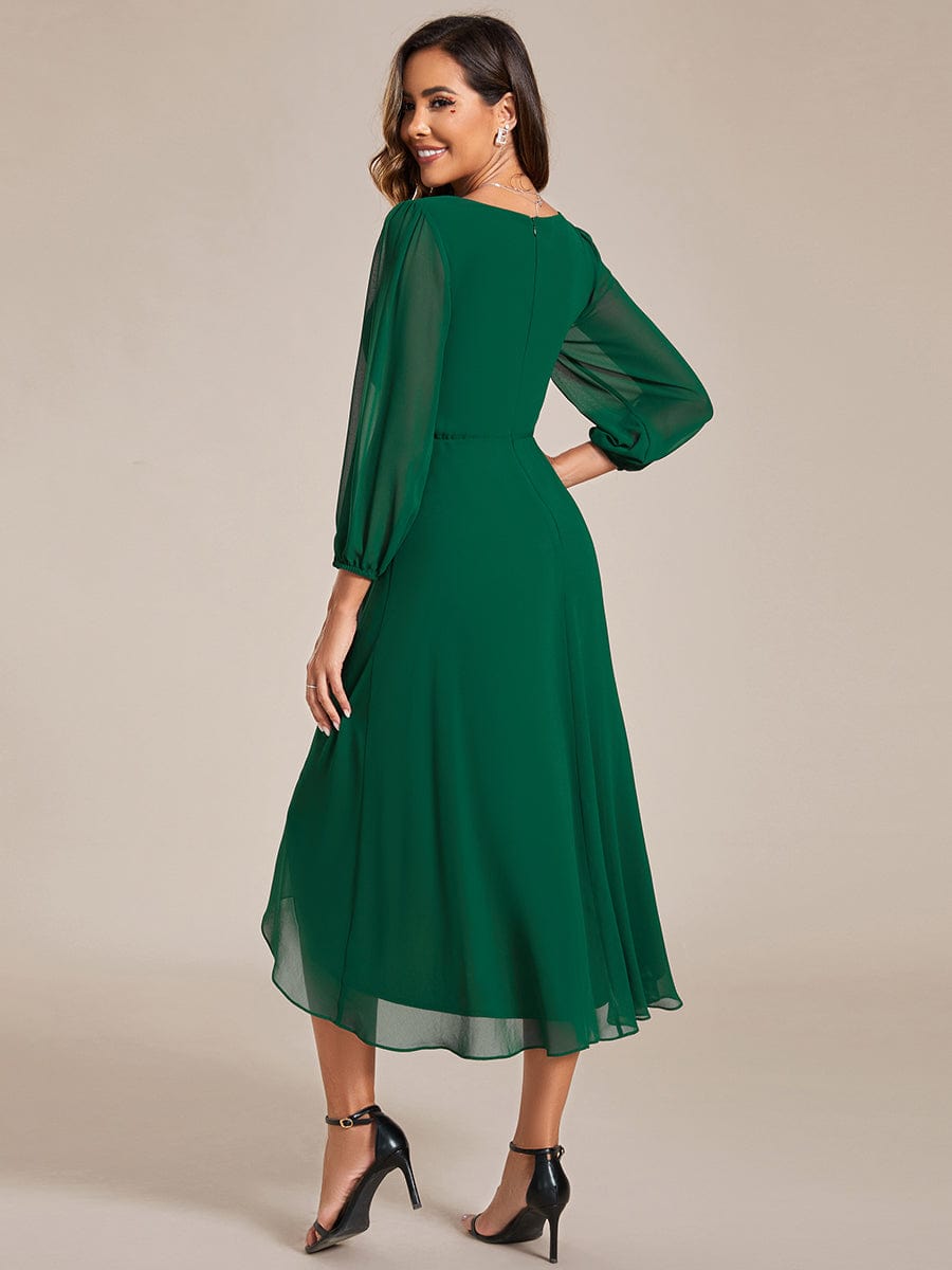 Elegant Long Sleeve V-Neck High Low Chiffon Wedding Guest Dress #color_Dark Green