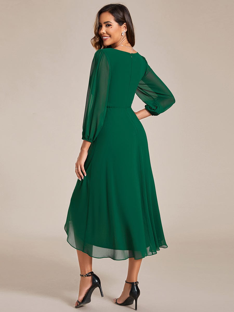 Custom Size Elegant Long Sleeve V-Neck High Low Chiffon Wedding Guest Dress #color_Dark Green