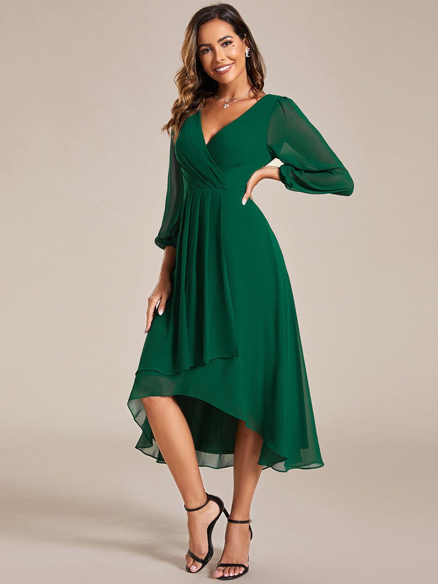 Elegant Long Sleeve V-Neck High Low Chiffon Wedding Guest Dress #color_Dark Green