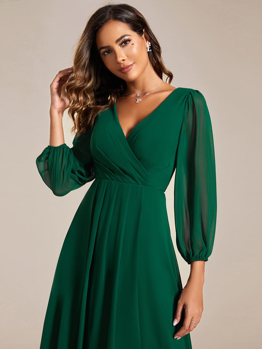 Elegant Long Sleeve V-Neck High Low Chiffon Wedding Guest Dress #color_Dark Green